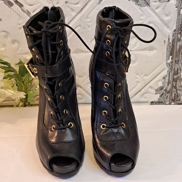 Guess Bieninda Black Leather Peep Toe High Heel Boots Buckle Details 7.5 M - Picture 5 of 15